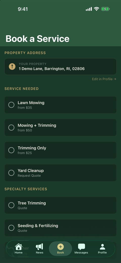 Book a Service screen